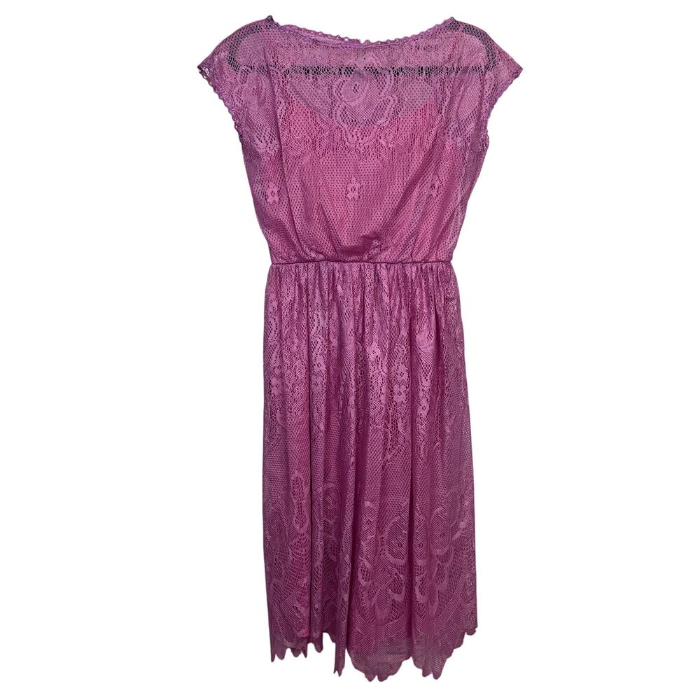 Handmade Vintage 50s 60s Pink Lace Overlay Dress ILGWU Union Made Est XS Small